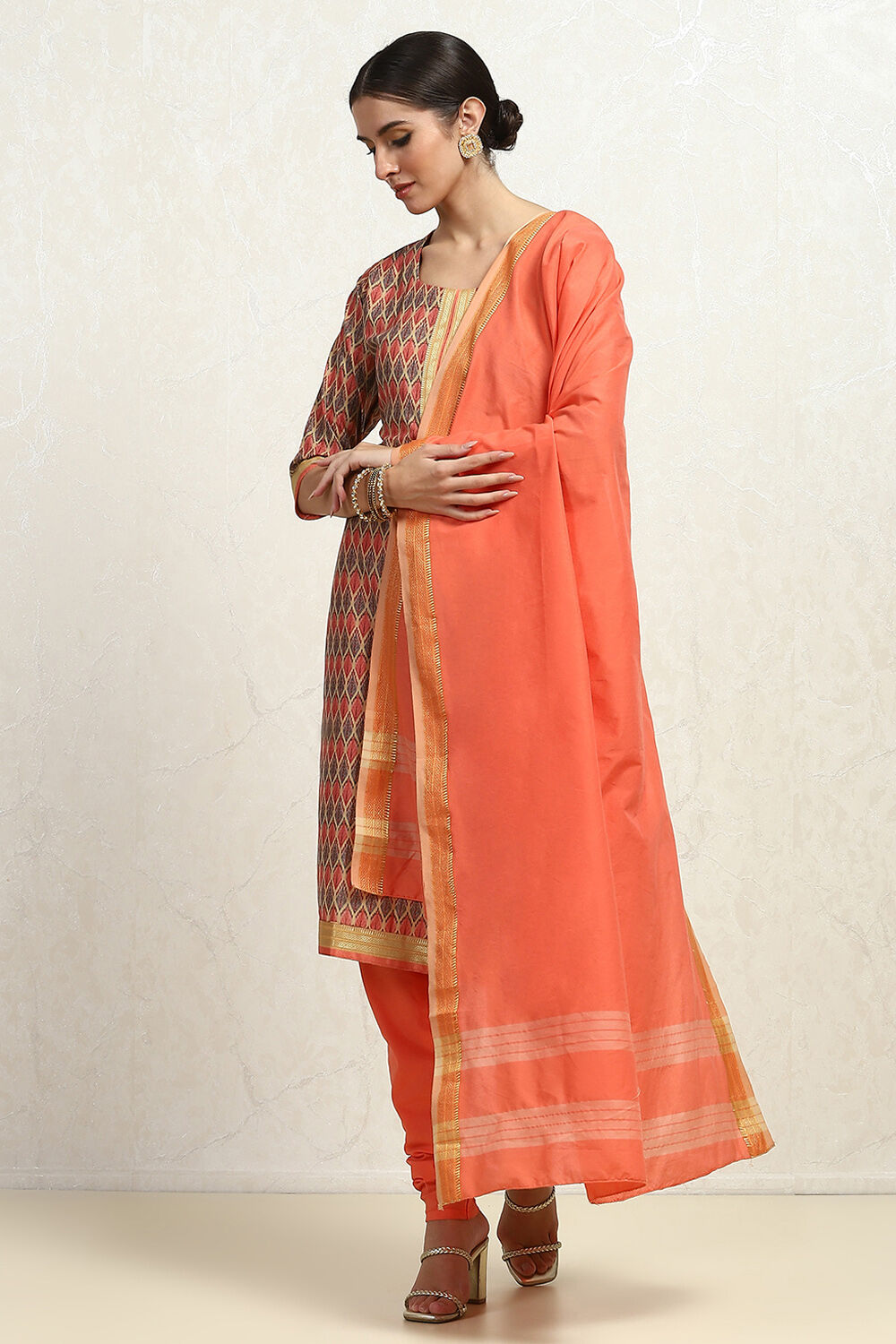 Grey Cotton Handloom Unstitched Suit Set image number 7