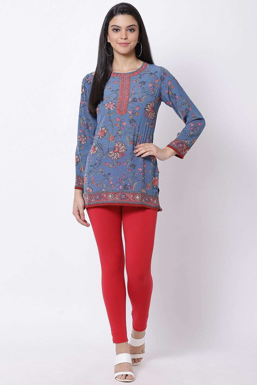 Blue Art Silk Straight Printed Kurti image number 4