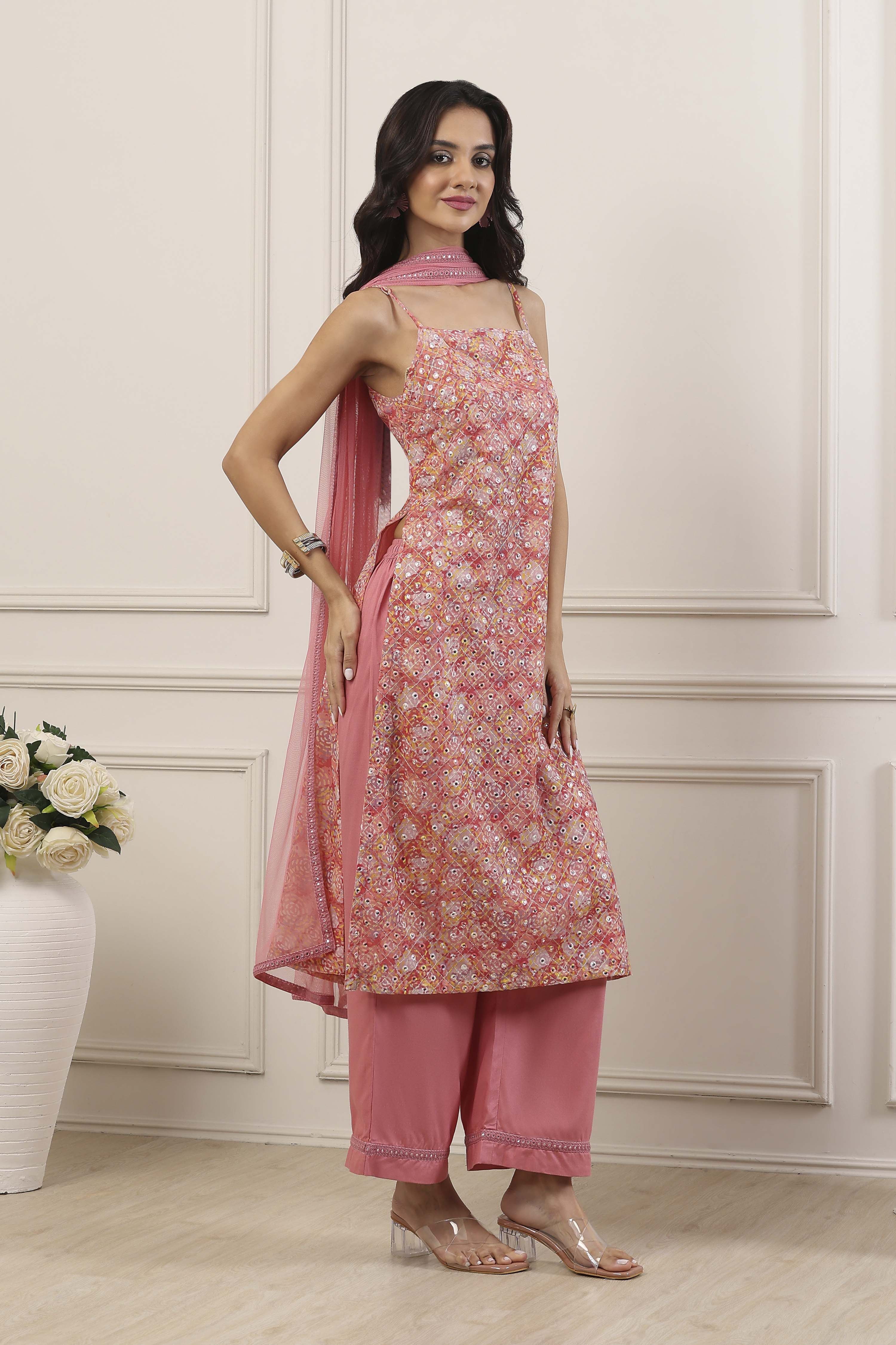 Peach Poly Georgette Straight Suit Set image number 5