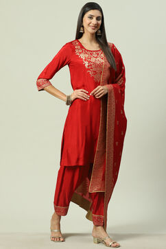 Red LIVA Straight Kurta Salwar Kurta Salwar Suit Set image number 5