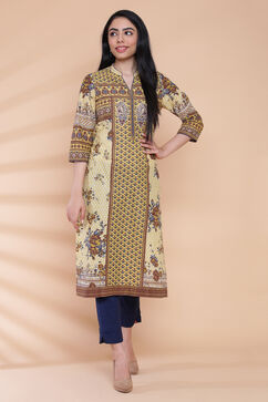 Mustard Cotton Straight Printed Kurta image number 0