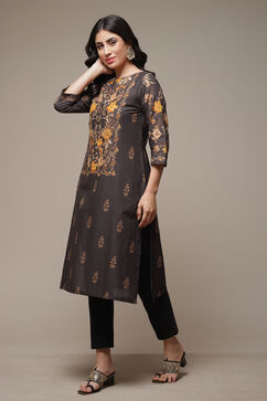 Black Cotton Straight Printed Kurta image number 3