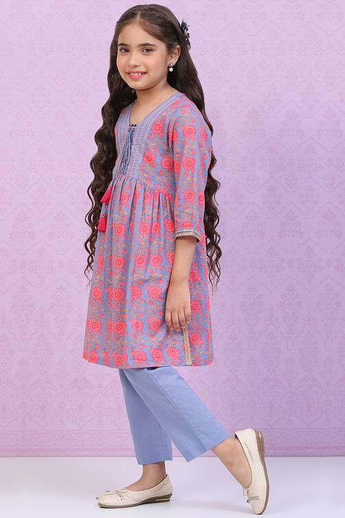 Blue Cotton Straight Printed Kurta Set image number 3