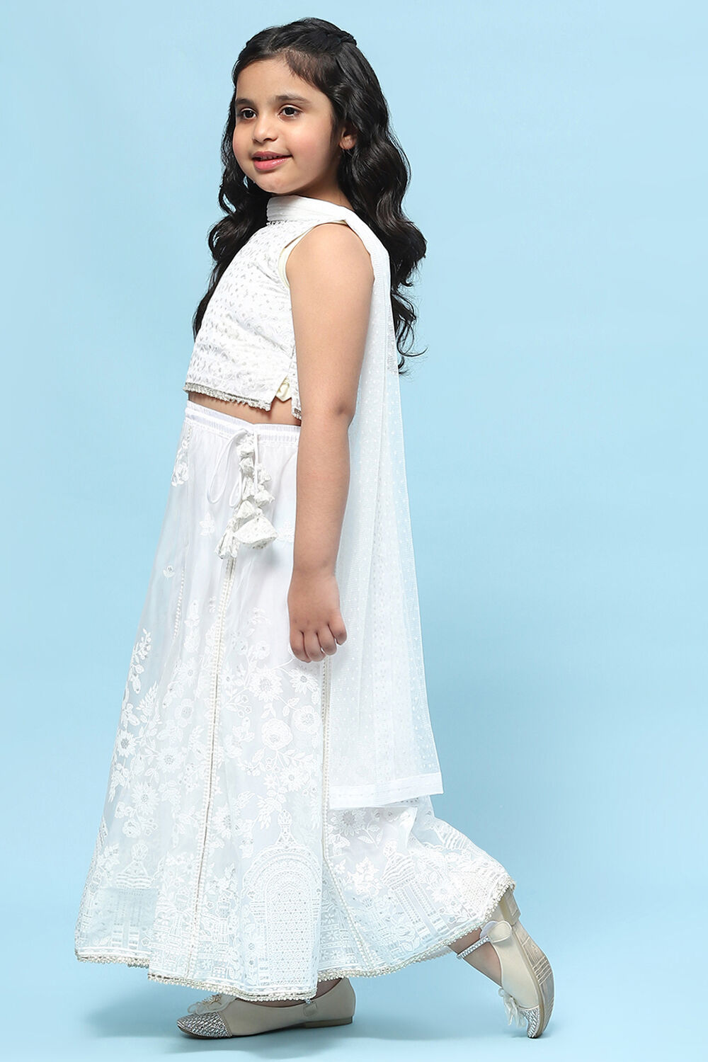 White Poly Organza Khadi Print Flared Lehenga Set image number 4