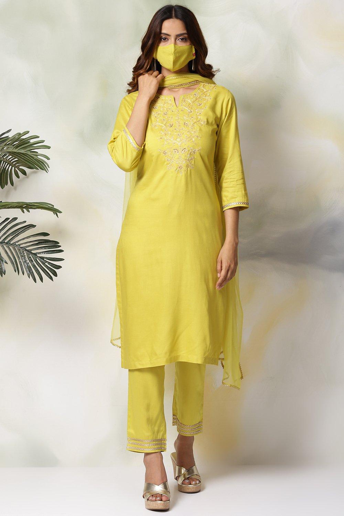 Biba by Rohit Bal Lime Green Rayon Straight Kurta Pants Suit Set