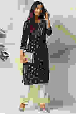 Navy Blue Rayon Straight Kurta Pants Set image number 2