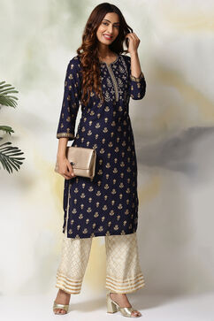 Navy Blue Rayon Straight Kurta Pants Set image number 2