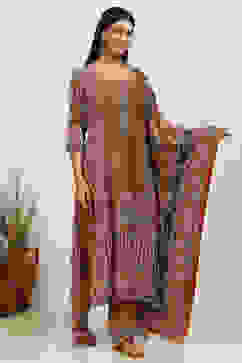 Mustard Yellow Velvet Digital Print Unstitched Suit Set image number 7