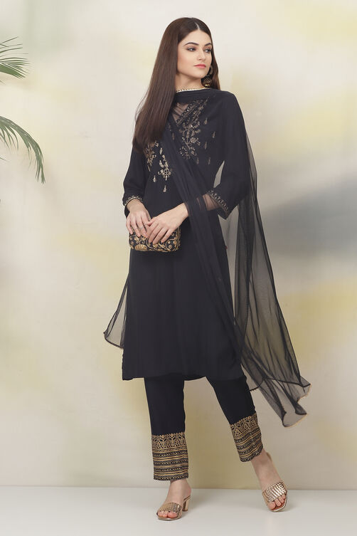 Black Rayon Straight Kurta Pant Suit Set