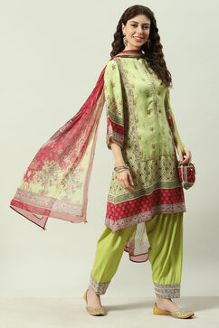 Green Art Silk Straight Kurta Salwar Pant Suit Set image number 5