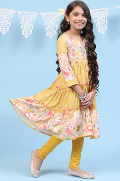 Yellow Rayon Flared Printed Kurta Set image number 0