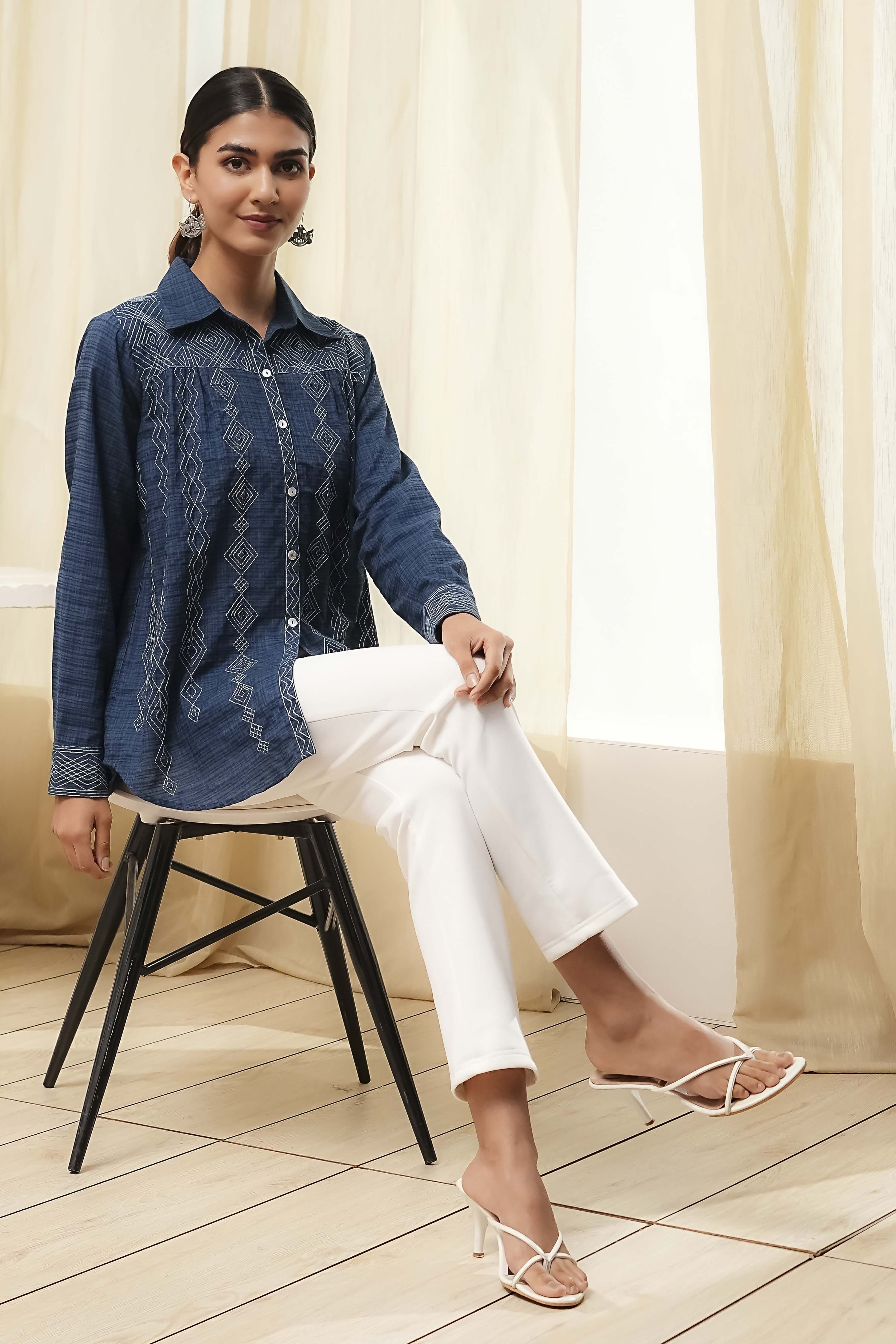 Blue Cotton Blend High-Low Straight Shirt image number 0
