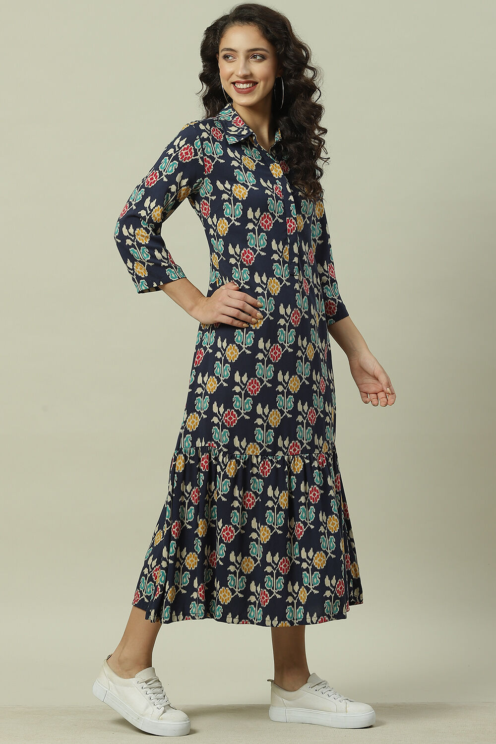 Navy Rayon A-Line Printed Dress image number 2