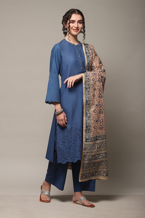 Blue Cotton Straight Kurta Palazzo Suit Set image number 6