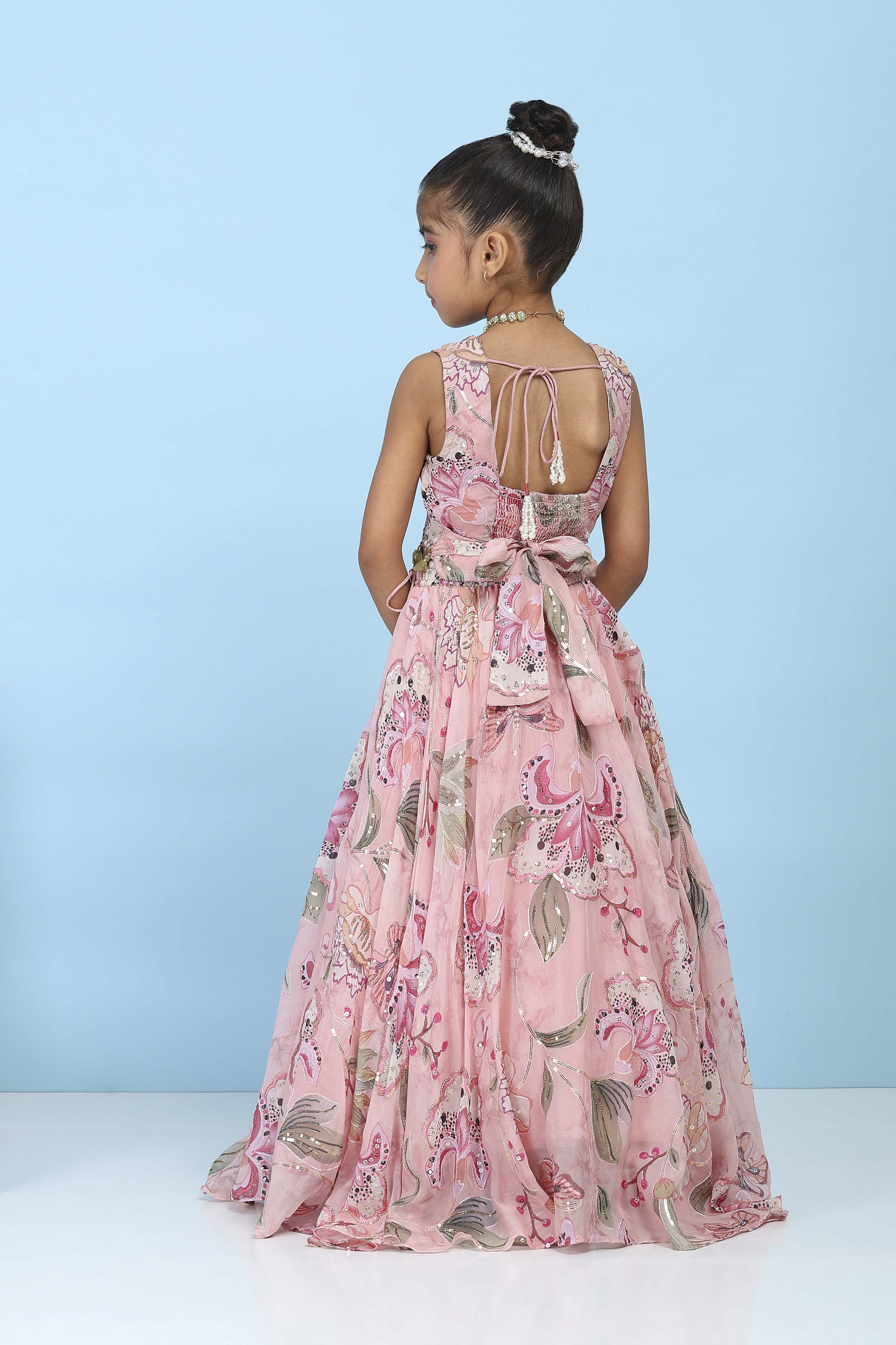 Pink Viscose Organza Floral Mirror Work Lehenga Set image number 4