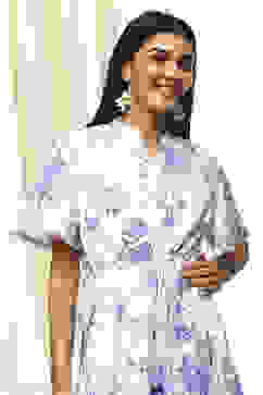 White and Blue Cotton Floral Flared Dress image number 1