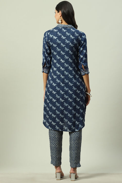 Indigo LIVA Straight Printed Kurta image number 4