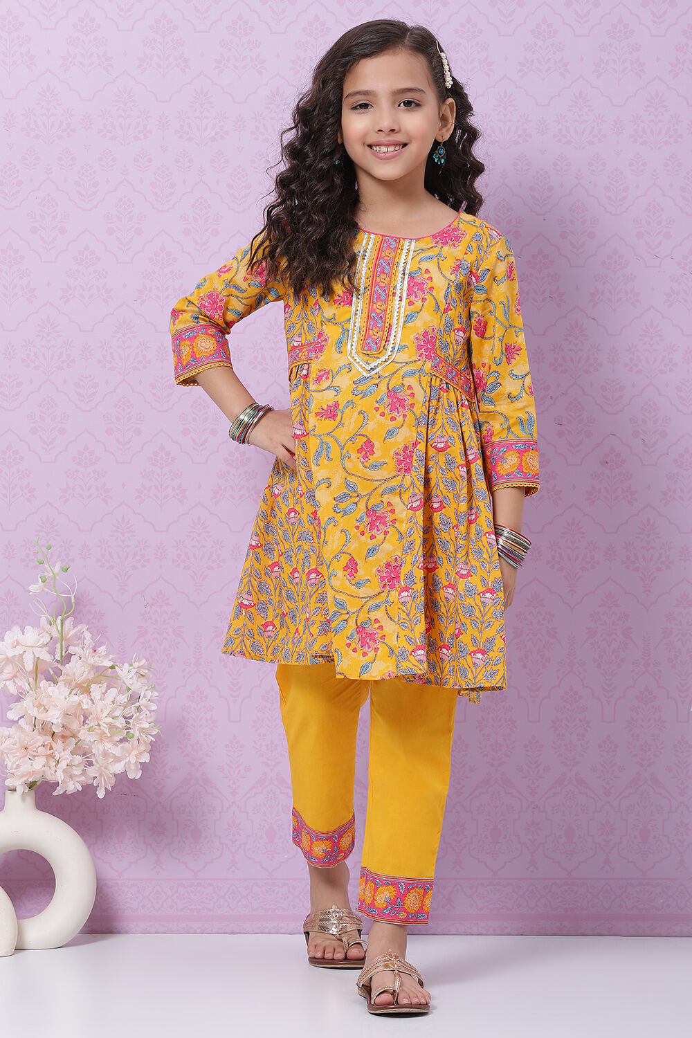 Yellow Cotton Flared Printed Kurta Set image number 0