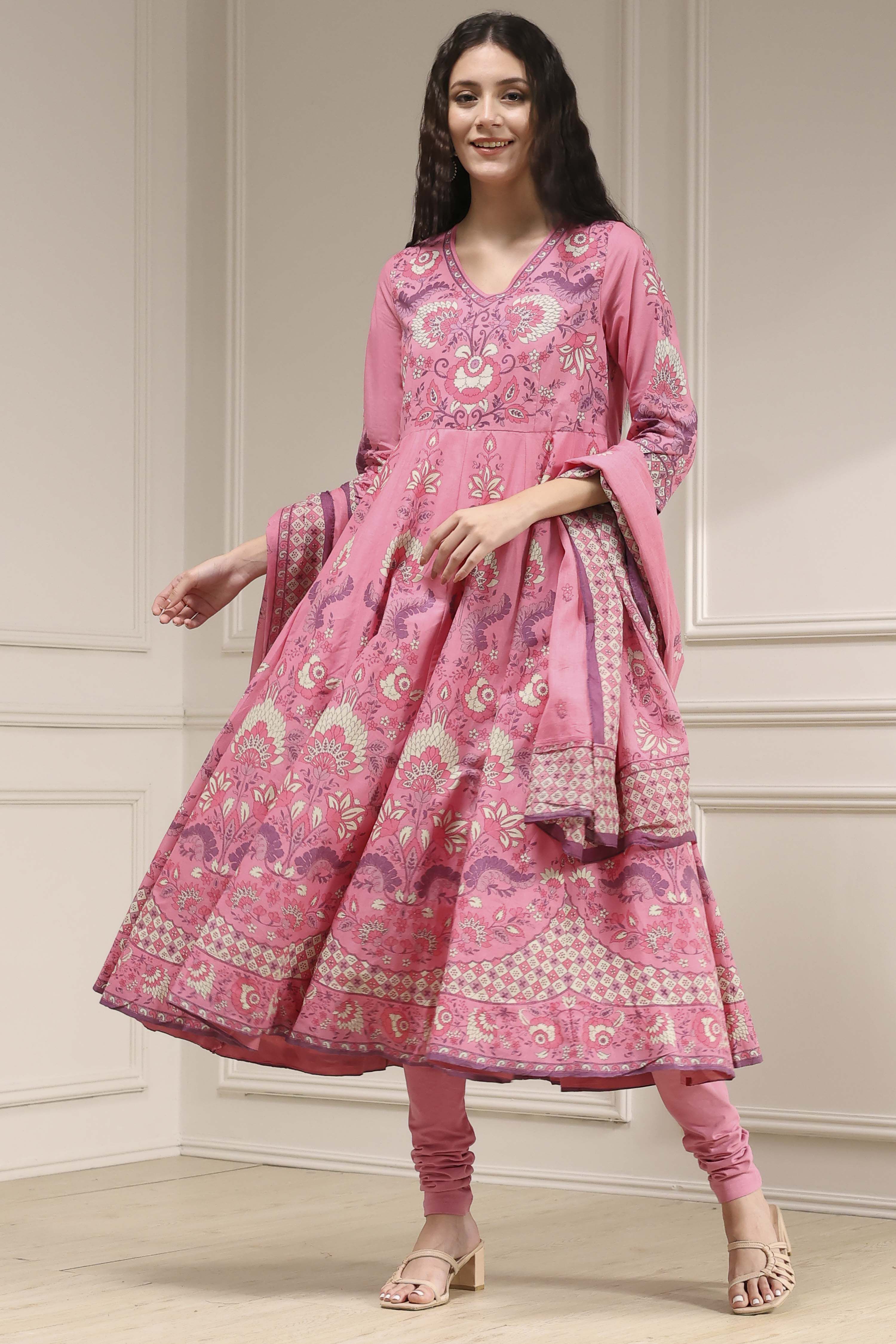 Light Pink Cotton Printed Anarkali Suit Set image number 0