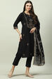 Black Poly Viscose A-Line Kurta Slim Pants Suit Set image number 6