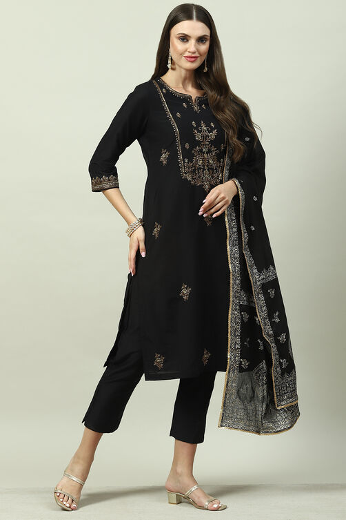 Black Poly Viscose A-Line Kurta Slim Pants Suit Set image number 6