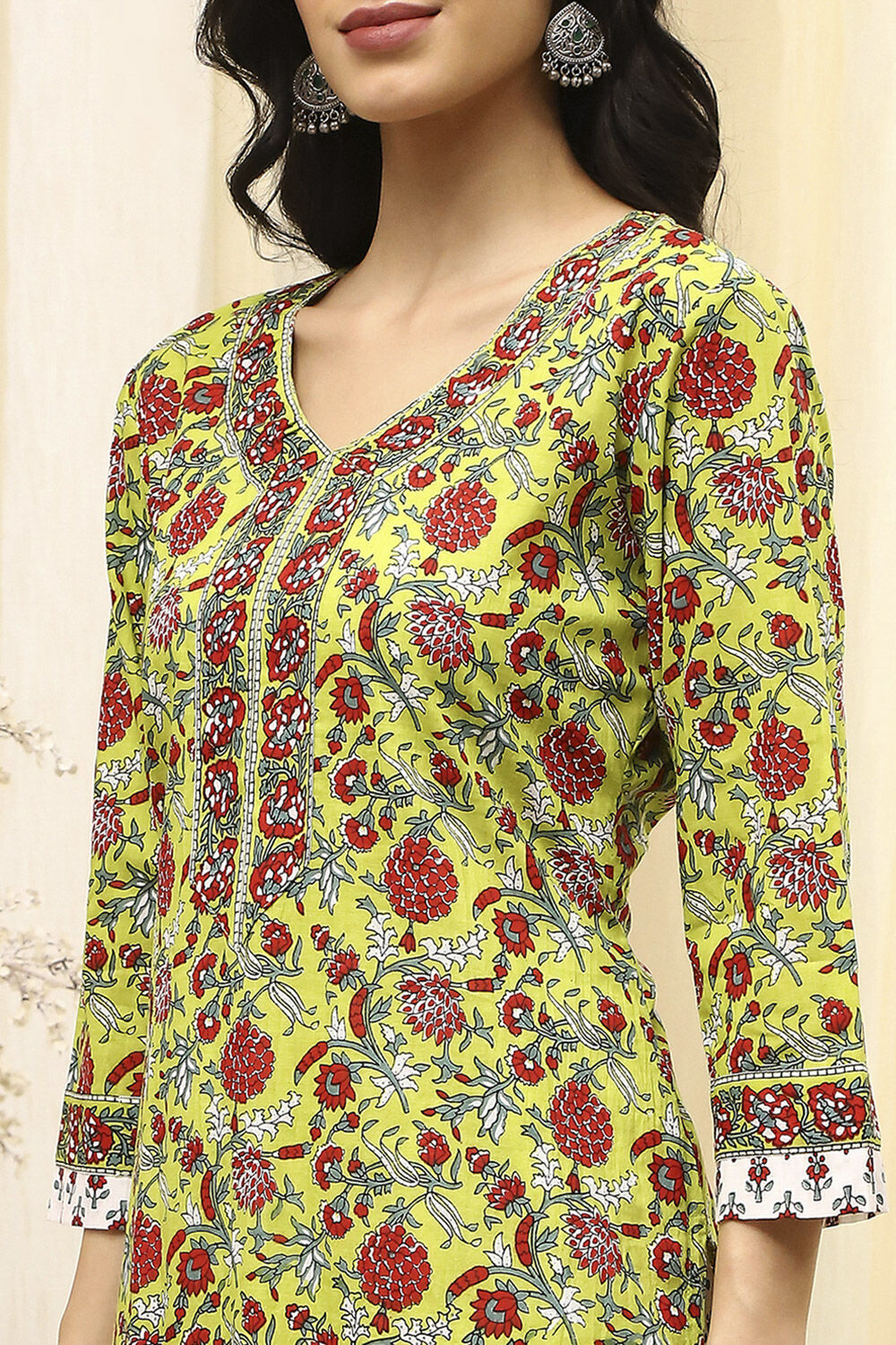 Lime Green and White Cotton Screen Print Unstitched Suit Set image number 2