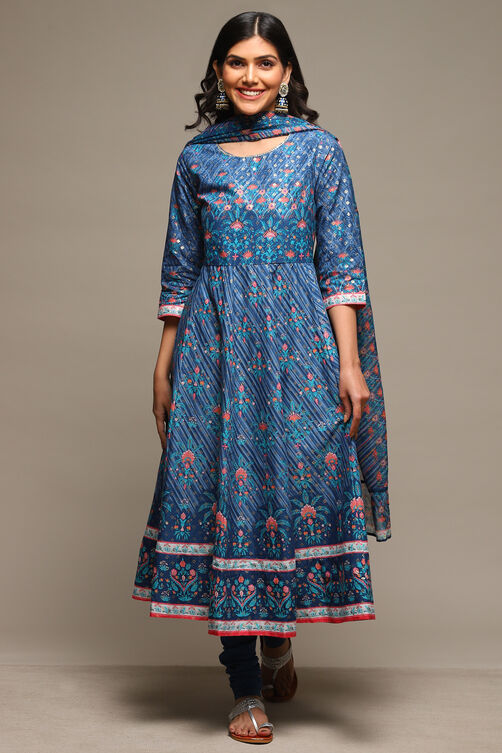 Indigo Cotton Anarkali Kurta Churidar Suit Set image number 7