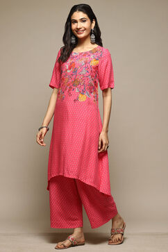 Pink Rayon Asymmetric Kurta Palazzo Suit Set image number 3