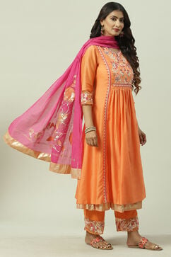 Orange Pink Cotton Silk Flared Kurta Palazzo Suit Set image number 6
