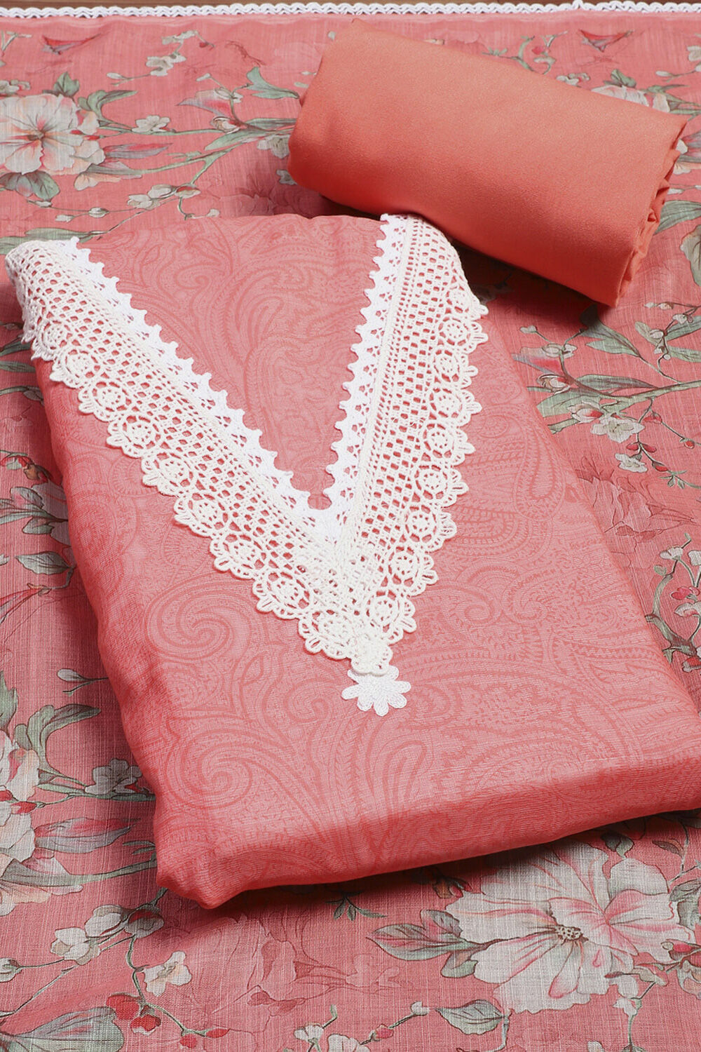 Salmon Pink Linen Digital Print Unstitched Suit Set image number 1