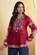 Red Cotton Silk Embroidered Full Sleeve Kurti image number 5