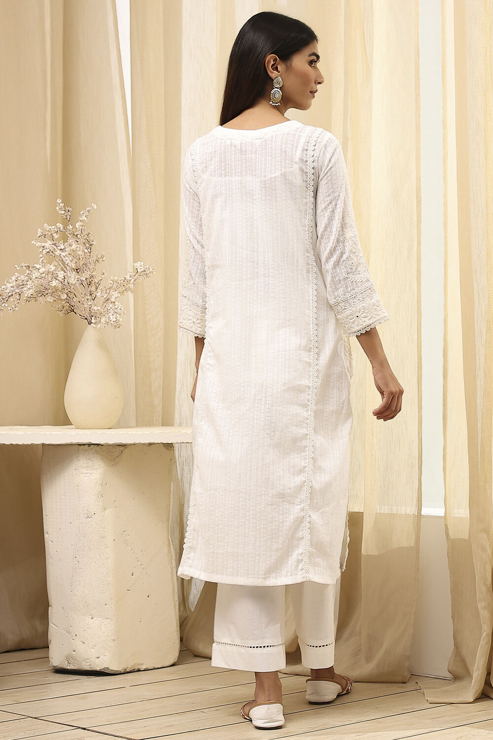 Off White Cotton Straight Embroidered Fusion Set image number 5