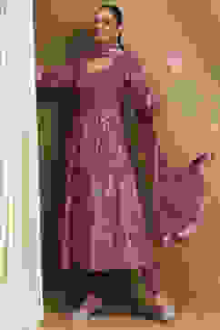 Plum Cotton Printed Anarkali Suit Set image number 0