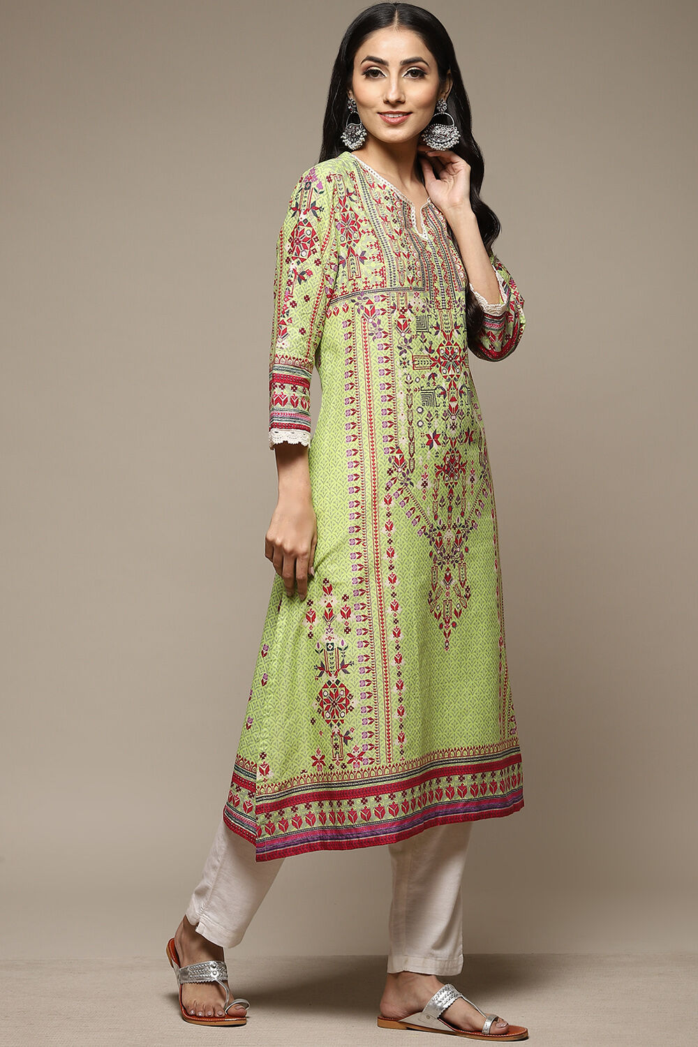 Green Cotton Straight Printed Kurta image number 3