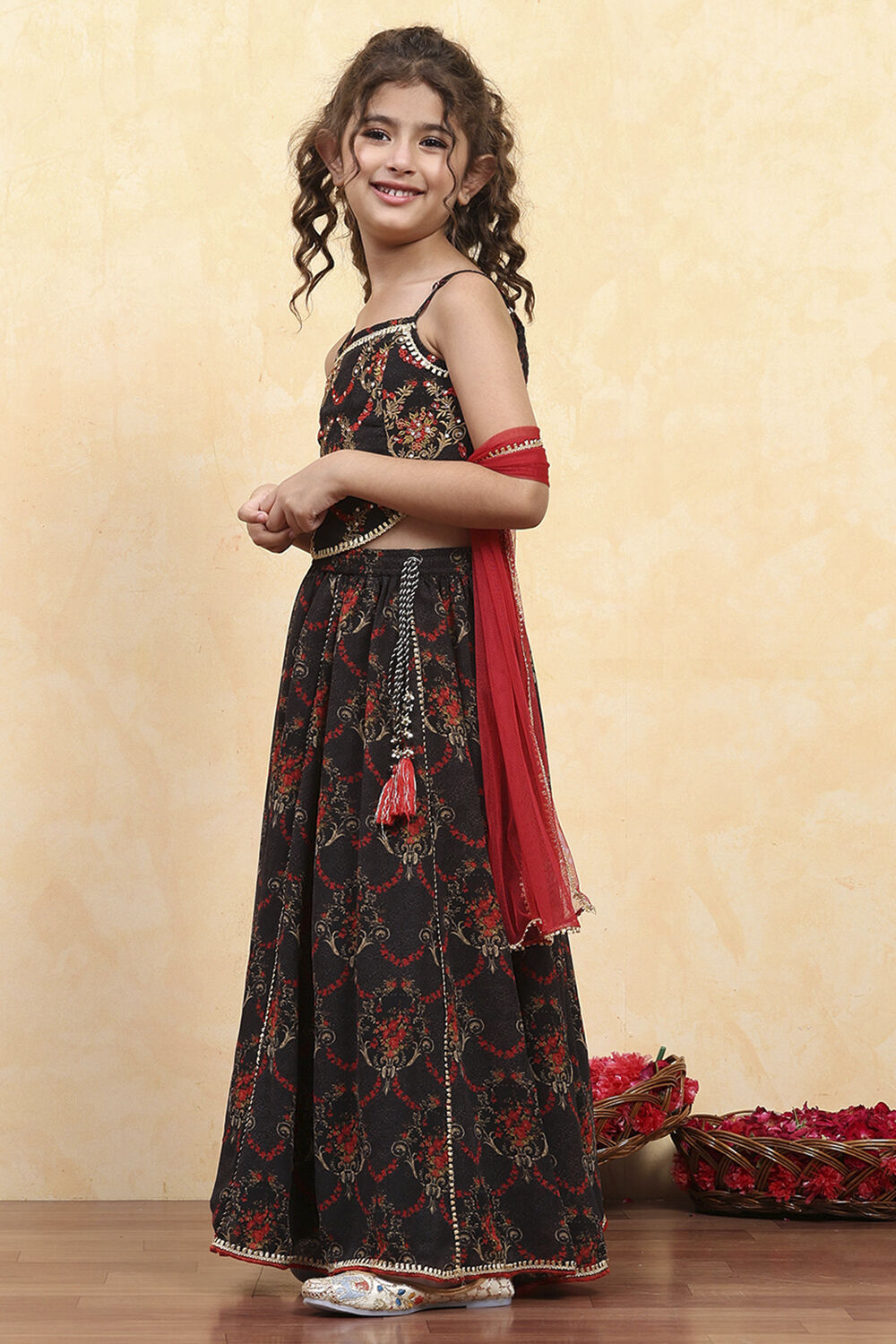 Black Polyester Printed Kalidar Lehenga Set image number 3
