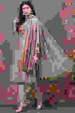 Rohit Bal Beige Silk & Cotton Flared Kurta Suit Set image number 4