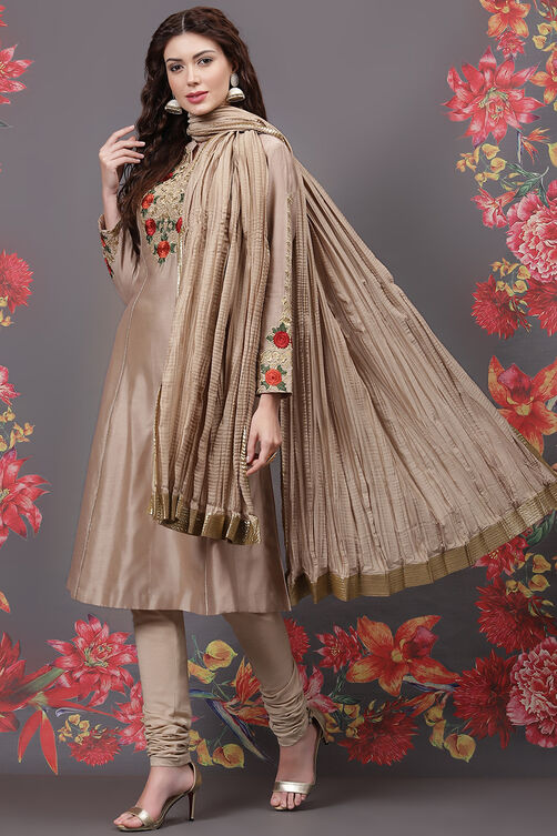 Rohit Bal Beige Silk & Cotton Flared Kurta Suit Set image number 4