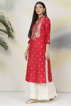 Cherry Red Art Silk Straight Printed Kurta image number 2