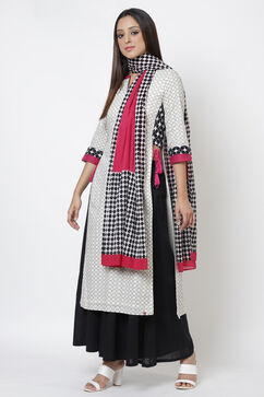 Off White Cotton Straight Kurta Sharara Suit Set image number 3