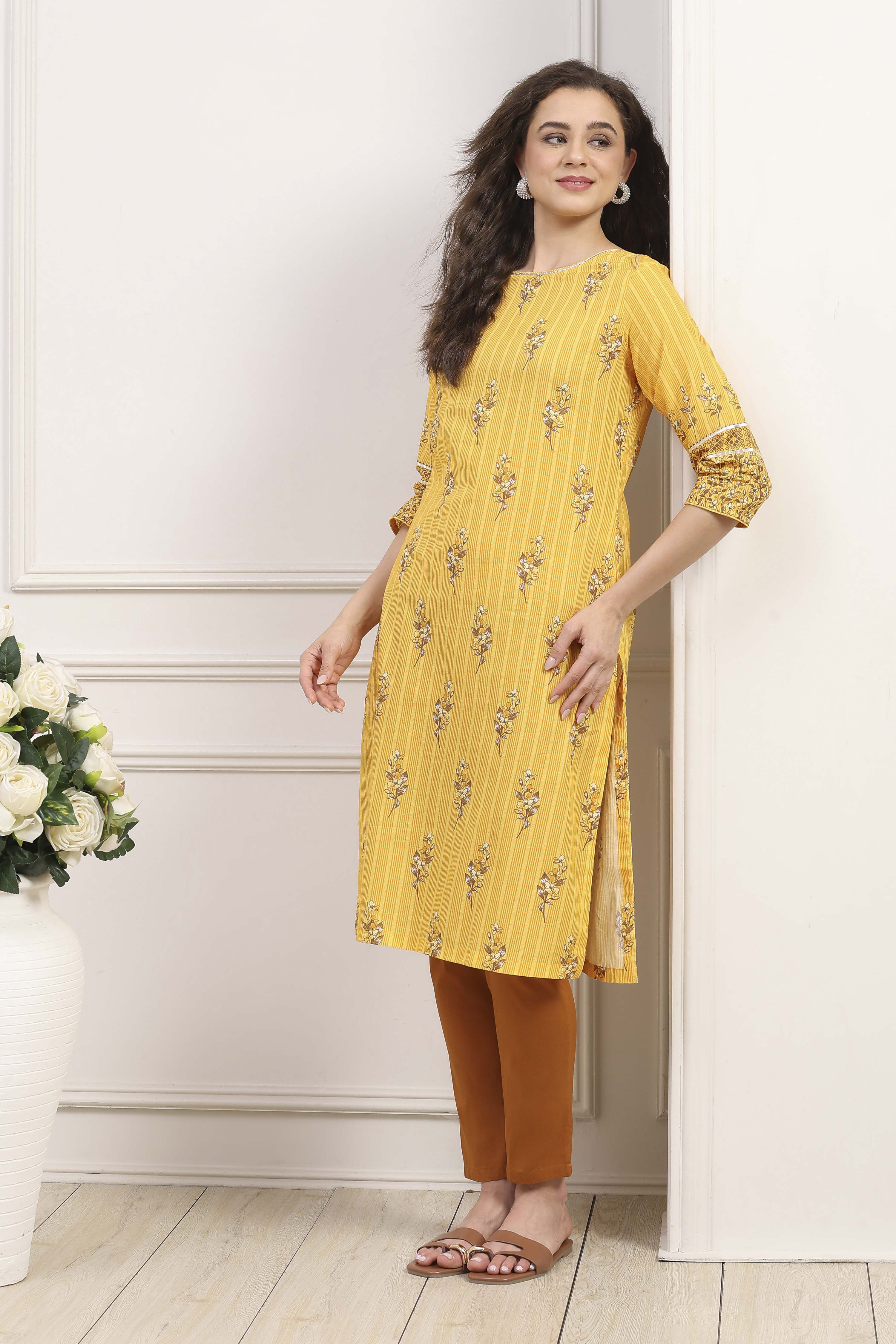 Yellow Cotton Straight Printed Kurta image number 0