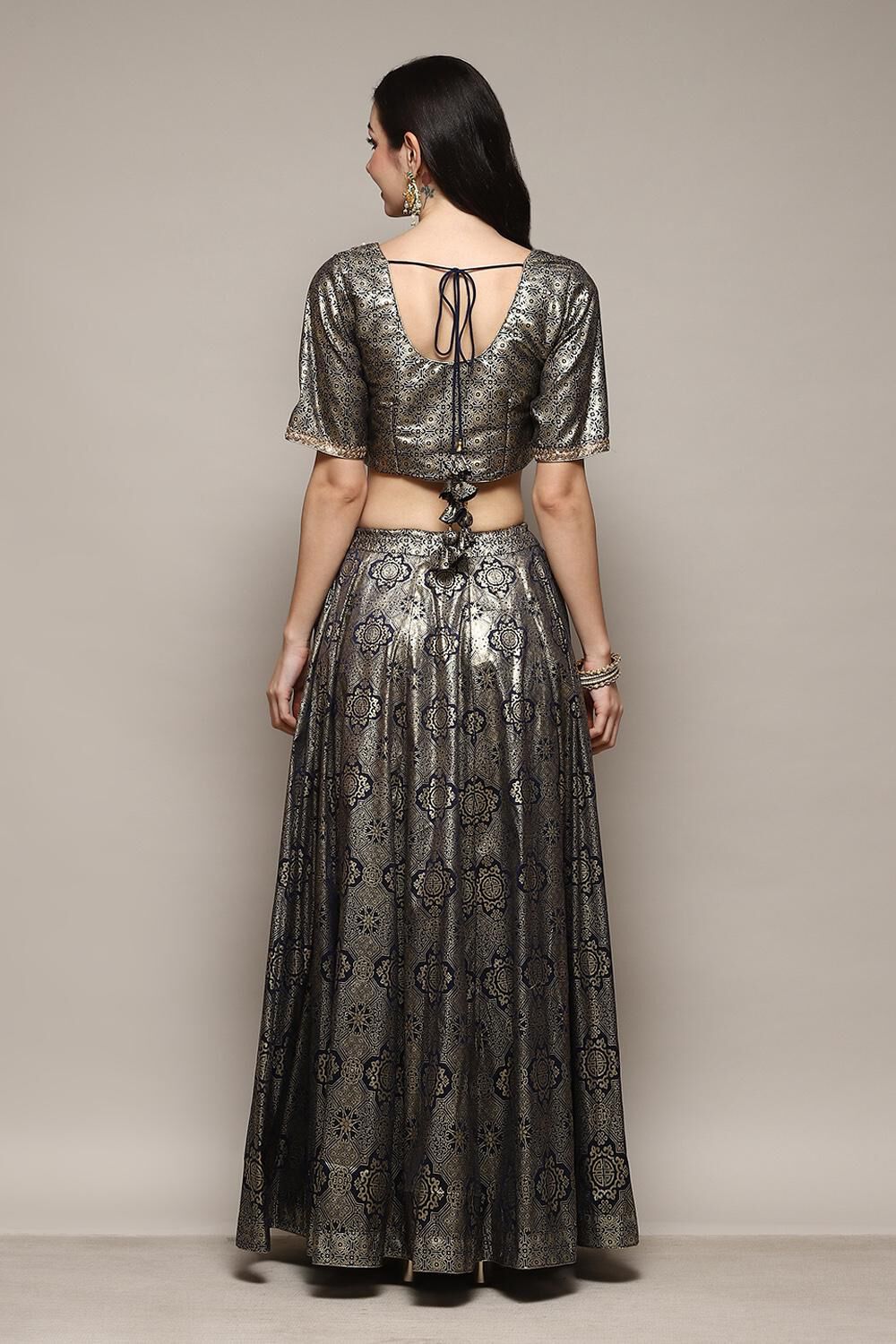 Navy Blue Foil Printed Lehenga Set image number 4