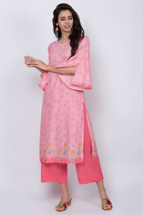 Peach Cotton Straight Printed Kurta image number 0