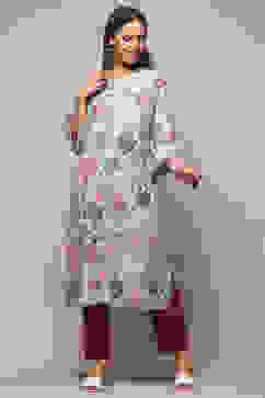 Powder Blue Cotton Floral Printed Straight Kurta image number 0