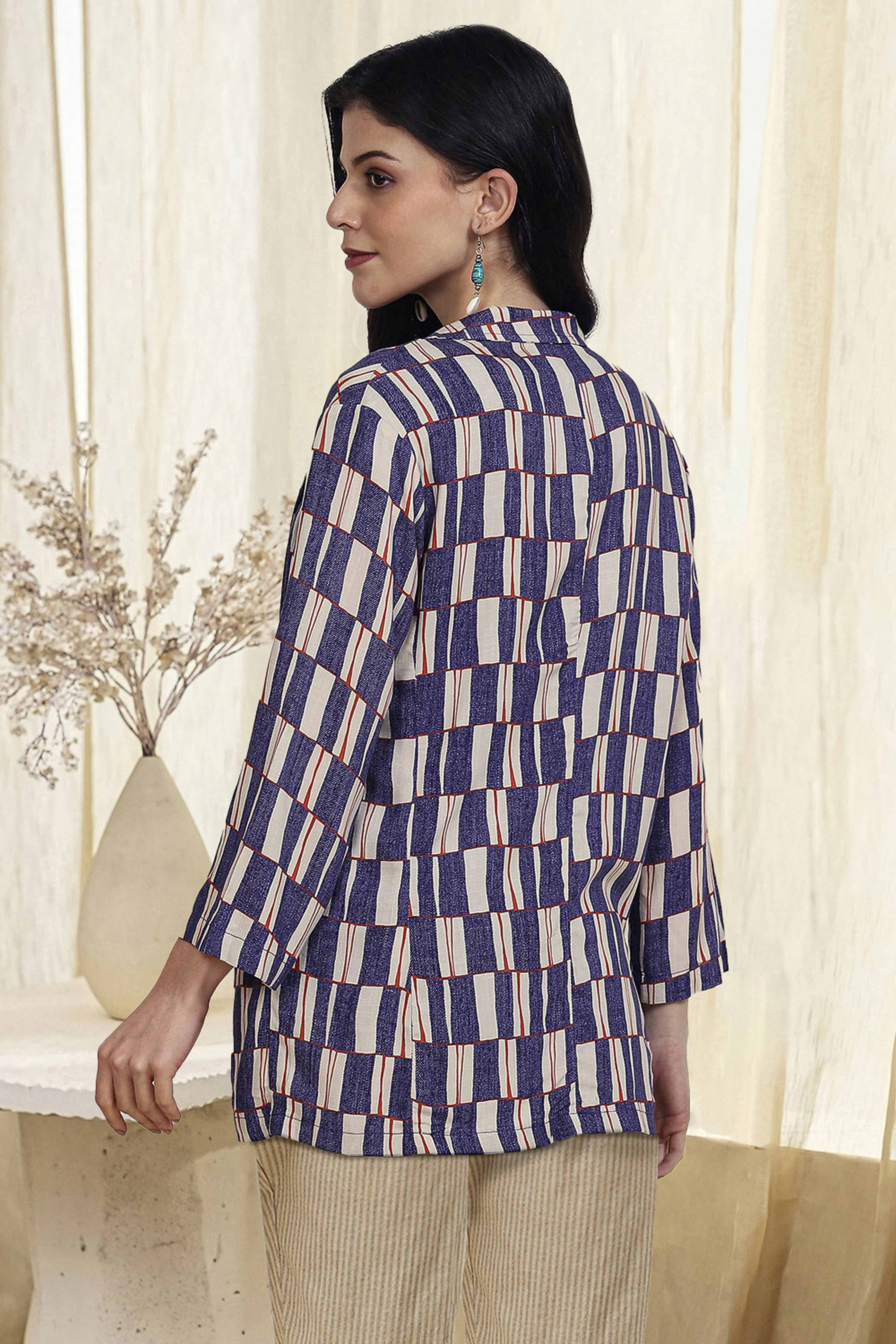 Blue Printed Straight Jacket image number 3