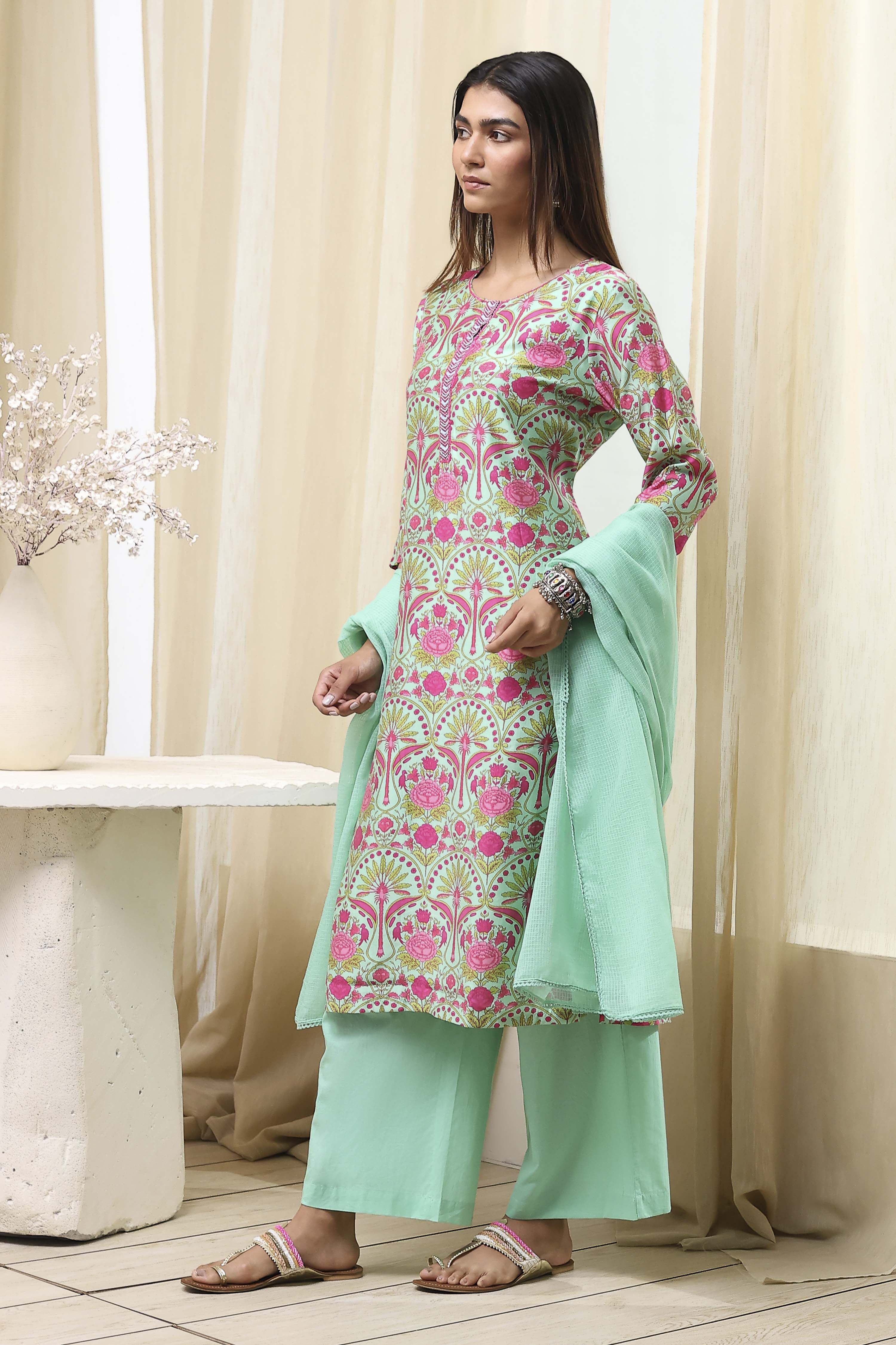 Sea Green Printed Straight Suit Set image number 3