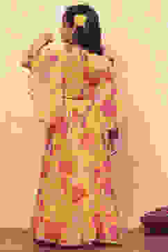 Yellow and Pink Georgette Floral Flared Lehenga Set image number 4