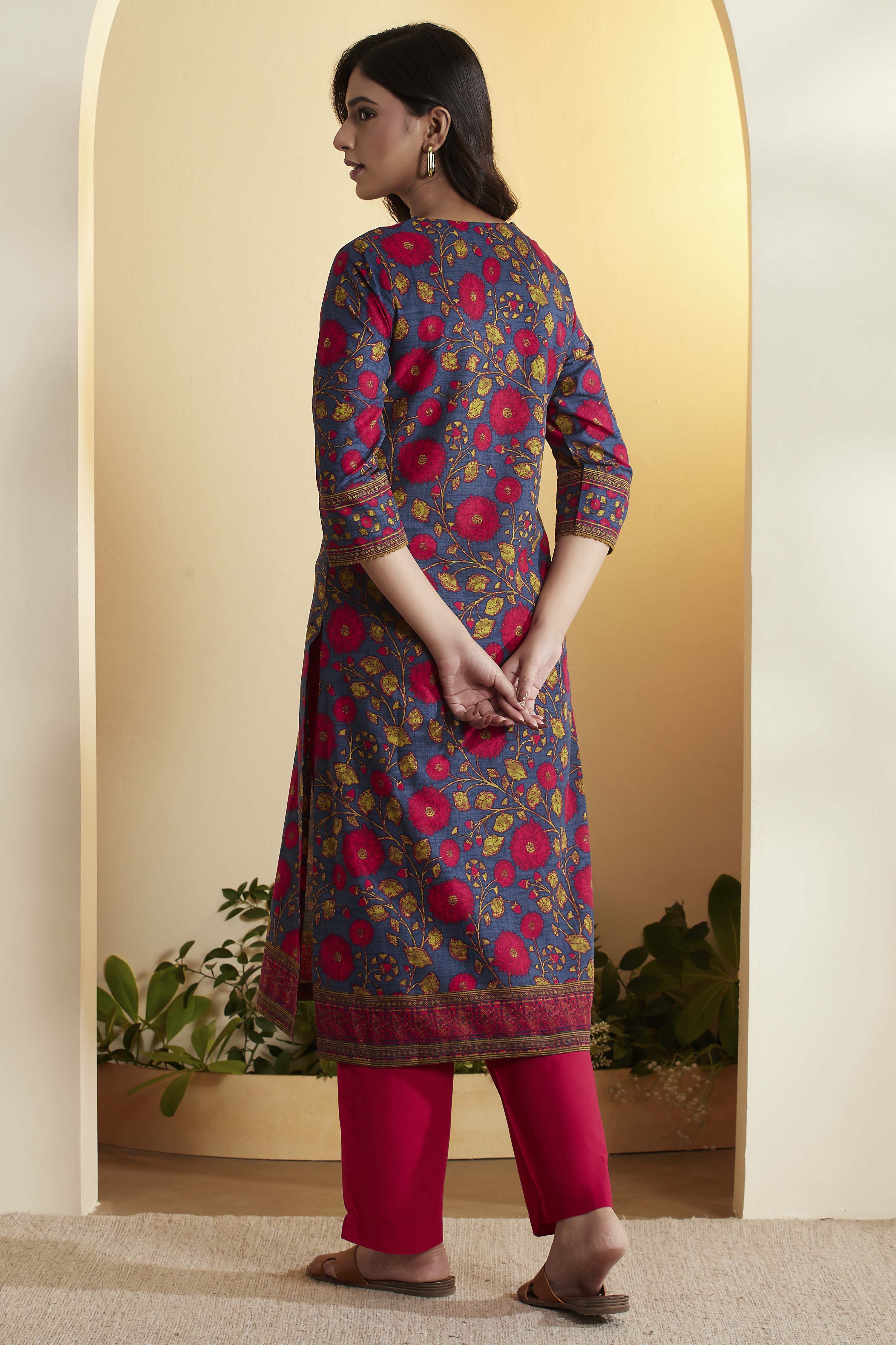 Blue Cotton Straight Kurta image number 4