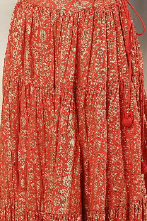 Red Cotton Straight Kurta Skirt Suit Set image number 3
