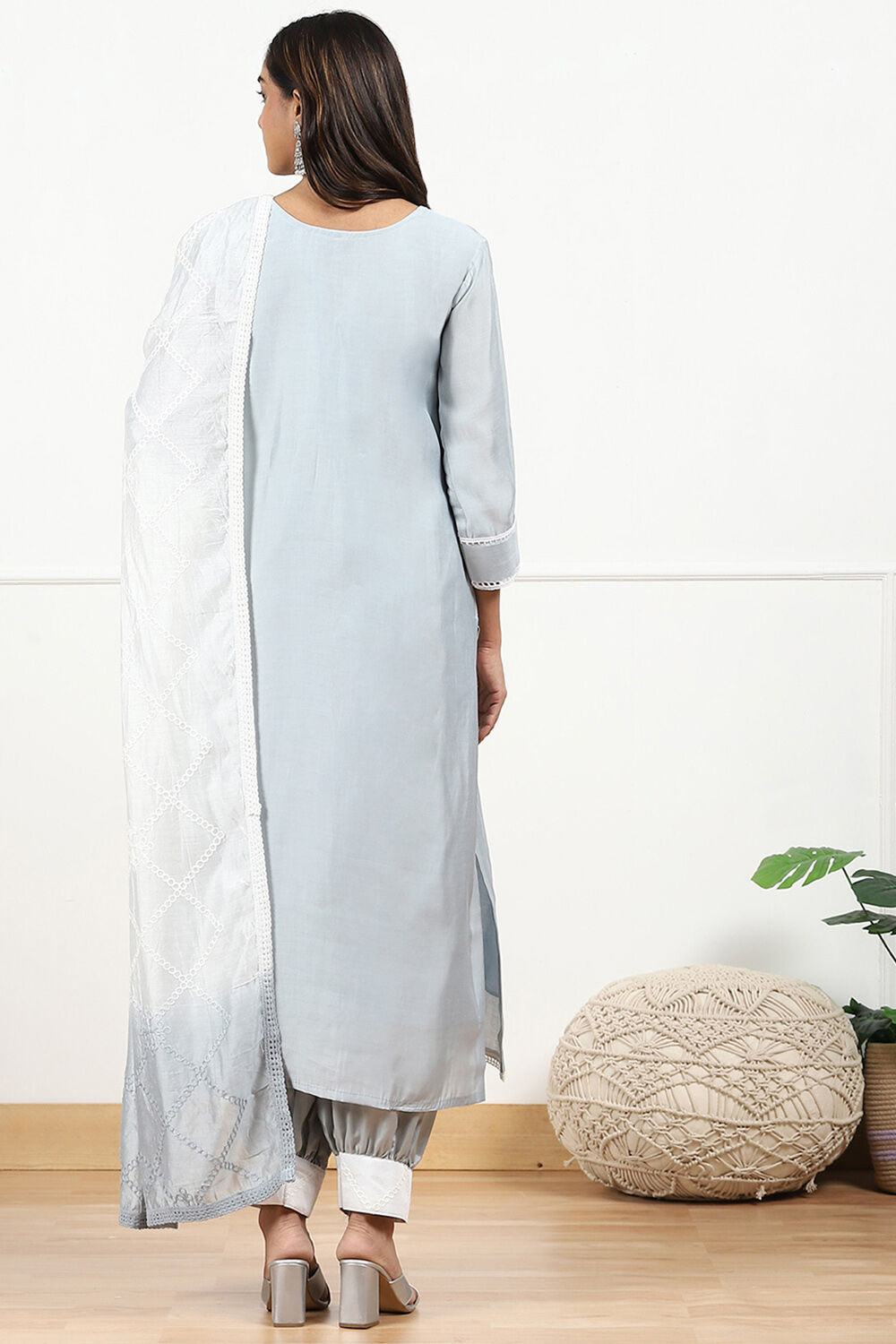 Grey Silk Blend Machine Embroidered Unstitched Suit Set image number 3