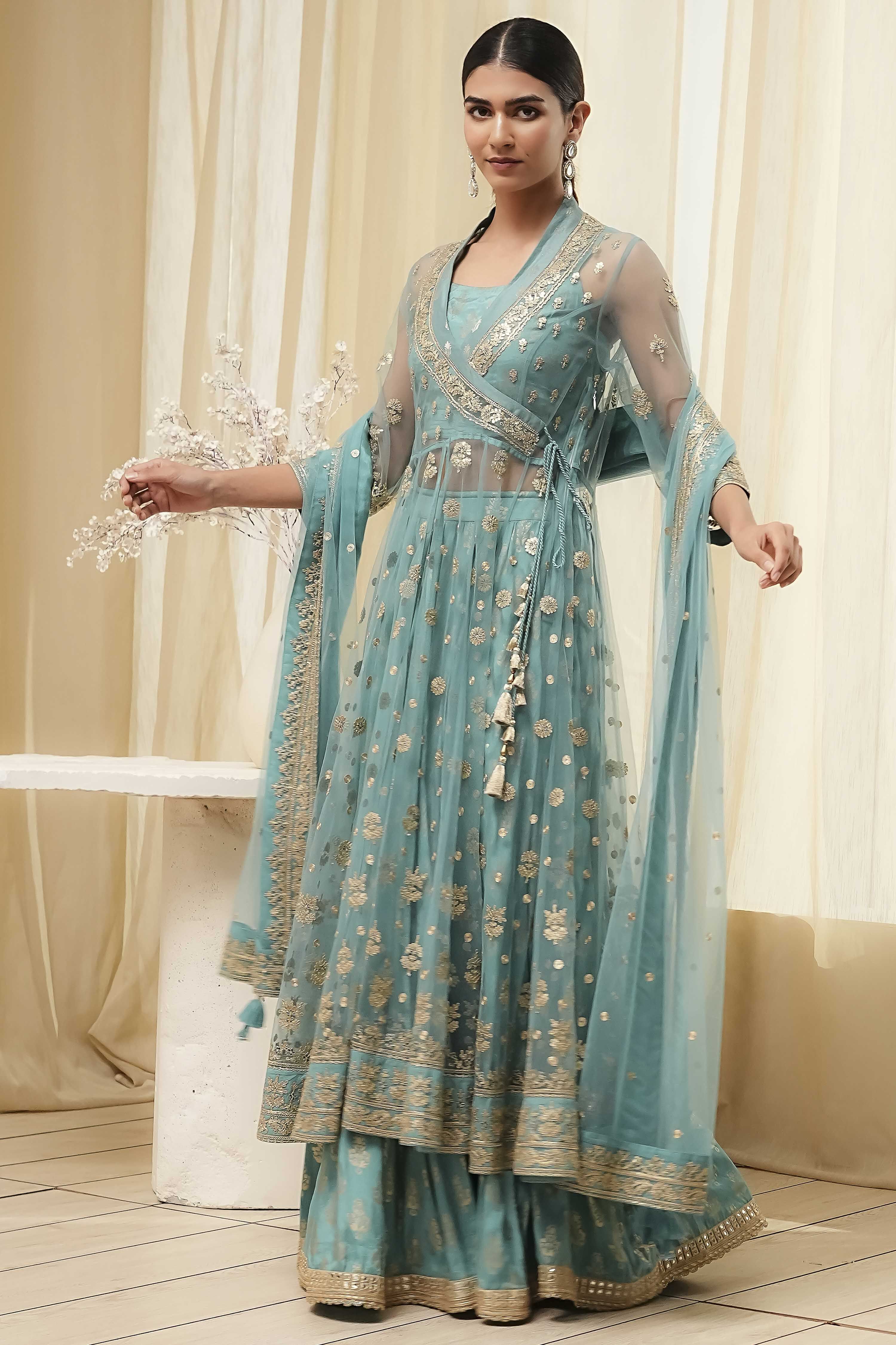 Coral-Pink Polyester Blend Anarkali Lehenga Set image number 4